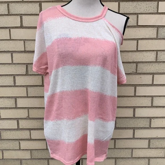 ❌DONATED❌Pink Oatmeal Striped One Side Cold Shoulder Tunic Top - Picture 4 of 11